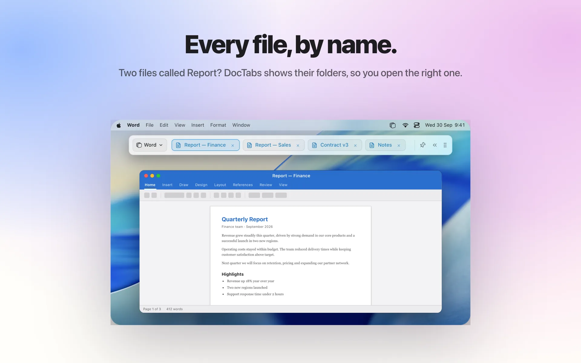 Every file, by name: two files called Report, told apart by their folders